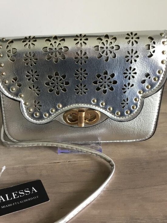 Alessa Handbags - Alessa Crossbody Flower Laser Cut Designed Flap Gold Turn Lock Closure NWT